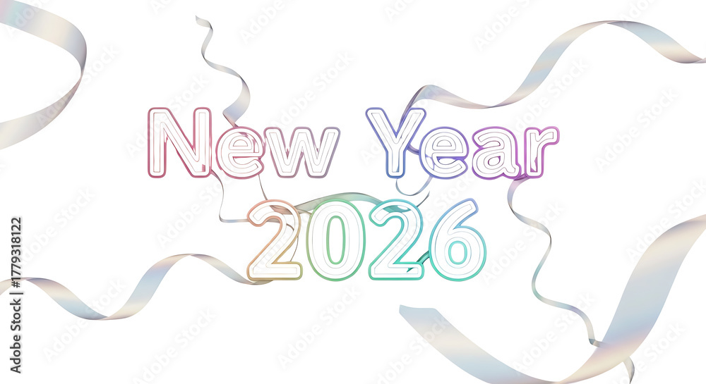 Obraz premium Colourful Golden, black, blue, yellow, red, Three Dimensional 2026 Number Design Green Yellow Blue Red Confetti and Ribbon Streamers, Happy New Year Theme, Transparent Background