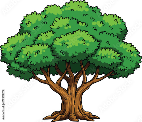 Multi-trunk leafy tree cartoon illustration, symbolic strength and expressive nature vitality artwork for design and educational use