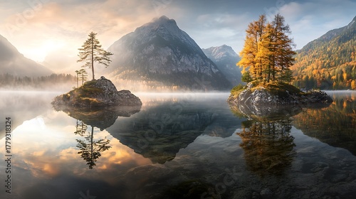 Misty mountain lake reflection with autumn trees high resolution photo