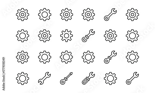 A collection of hand drawn line art icons featuring various gears and wrenches representing mechanical engineering industry and repair services in a simple clean and modern design