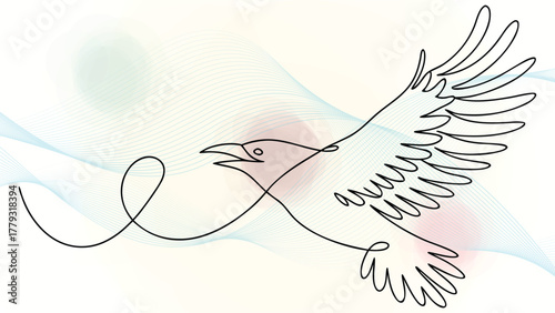 Dynamic elegant continuous line drawing a crow in flight with open beak abstract bird