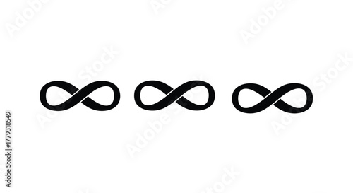 Three black infinity symbols isolated on white background in a row