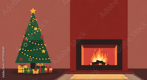 Cozy Christmas Evening Illustration with Tree and Fireplace