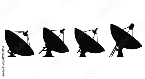 Four black satellite dish silhouettes isolated on white background in views