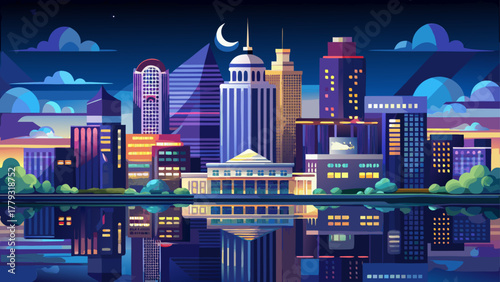 Very beautiful Monroe, Louisiana city skyline at night, with illuminated buildings reflecting on the Ouachita River under a clear dark sky, realistic cityscape with calm water and glowing lights.