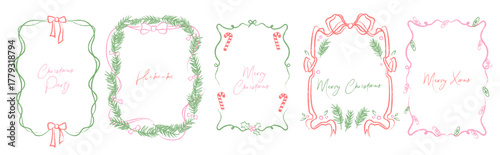 Set of hand drawn Christmas frames. Doodle line art borders, ribbons and bows, Christmas garland, mistletoe, candy cane, fir branches. Festive decoration for greeting card, invitation, holiday design.