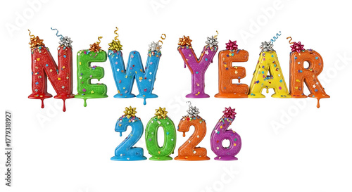  Colourful Golden, black, blue, yellow, red, Three Dimensional 2026 Number Design Green Yellow Blue Red Confetti and Ribbon Streamers, Happy New Year Theme, Transparent Background