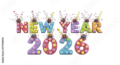  Colourful Golden, black, blue, yellow, red, Three Dimensional 2026 Number Design Green Yellow Blue Red Confetti and Ribbon Streamers, Happy New Year Theme, Transparent Background