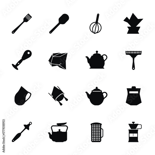 Vector Kitchen Utensils Black Silhouette Pack Spatula Whisk Teapot Mug Colander and Coffee Maker Icons