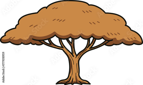 Stylized brown tree with rounded canopy cartoon illustration, symbolic form and expressive nature structure artwork for design and education