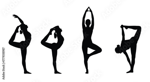 Silhouette of yoga poses isolated on white background in a row