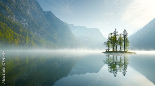 Misty lake island with pine trees serene mountain reflection high resolution photo