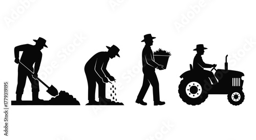 Silhouetted farmer in various stages of agriculture isolated on white background