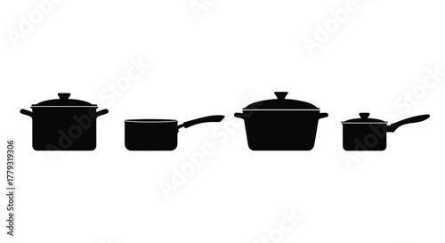 Four silhouette cooking pots isolated on white background in different sizes