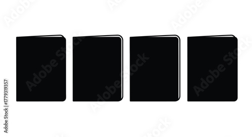 Four black books standing side by side isolated on white background