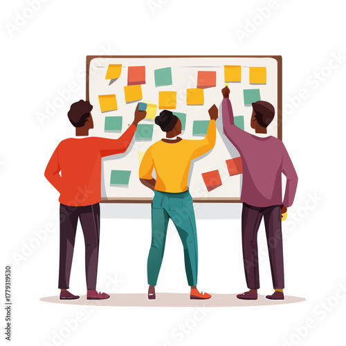 Collaborative team working together on a project, using a scrum board with colorful sticky notes for agile planning
