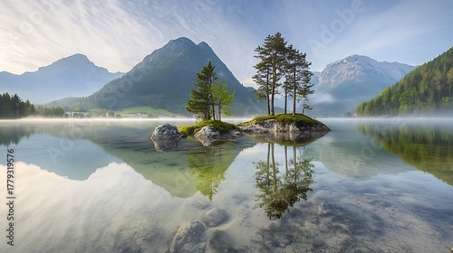 Misty mountain lake reflection with island trees high resolution photo