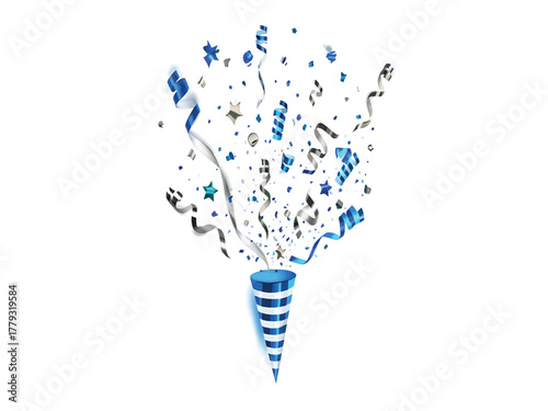 Explosion of Blue and Silver Confetti from Party Popper