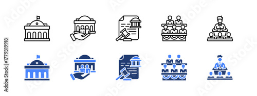 Government, Public service, Legislature, Parliament, Congress with two styles, line and duotone icon.