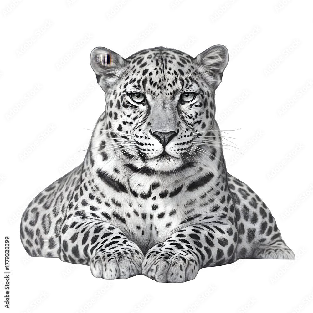 Naklejka premium Detailed black and white drawing of a leopard lying down isolated on transparent background