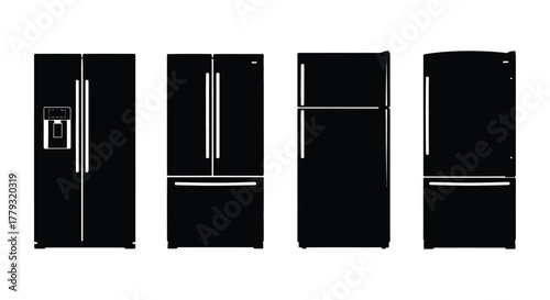 Four refrigerator silhouettes isolated on white background in a horizontal row