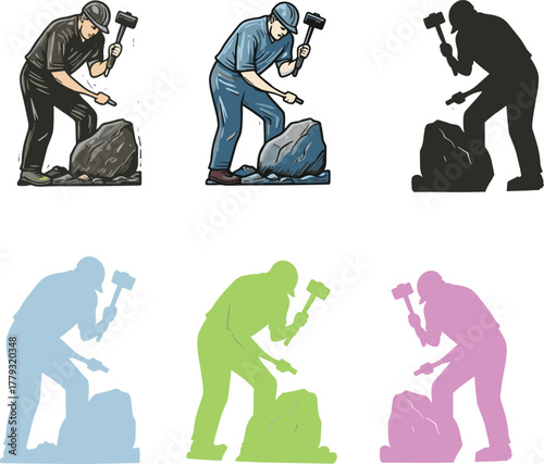 Construction worker chiseling stone with hammer, silhouette and colorful variations, hard labor, craftsmanship, industry, teamwork, strength, precision, skill illustration