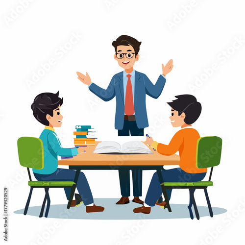 An enthusiastic male teacher in glasses gesturing while explaining a lesson to two young male students sitting at a desk with an open book