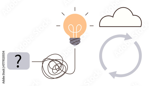 Tangled line from a question mark to a lit bulb symbolizes ideas cloud for innovation arrows for cycles and iteration. Ideal for creativity, solutions, brainstorming, innovation, development