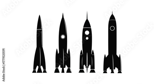 Four black rocket shapes isolated on white background in a row design