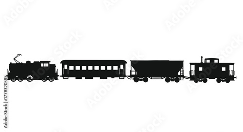 Silhouette of a train with various wagons isolated on white background