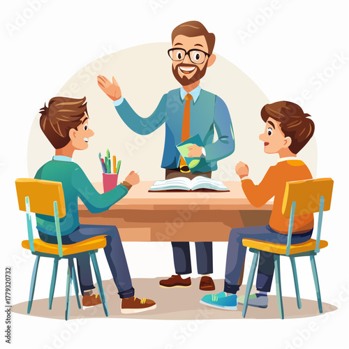 A dedicated male instructor with a beard and glasses guiding two young schoolboys during an engaging lesson at a desk with an open book