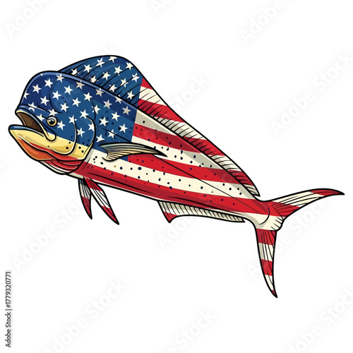 Mahi Mahi Fish with American Flag Skin for Offshore Saltwater Fishing Vector