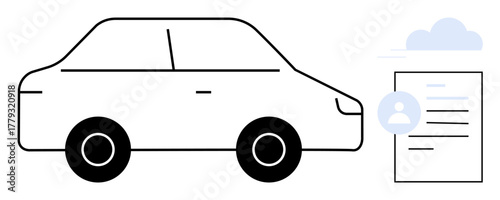 Minimalist car outline beside personal document with cloud, evoking themes of transportation, vehicle ownership, online services, identity verification, and cloud storage. Ideal for vehicle