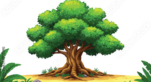Tropical tree with twisted trunk cartoon illustration, symbolic growth and expressive nature vitality artwork for design and education