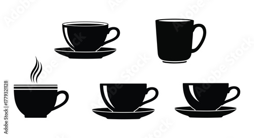 Collection of black and white coffee cups isolated on white background