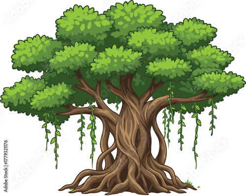 Tropical tree with vines and roots cartoon illustration, symbolic growth and expressive nature vitality artwork for design and education