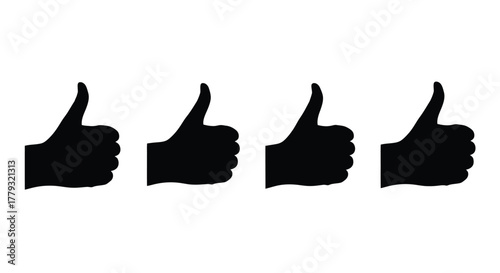 Four black thumbs up icons isolated on white background