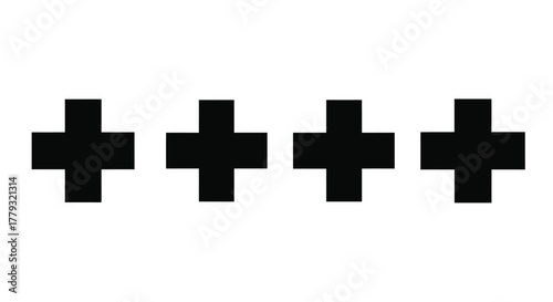 Four black plus signs in a row isolated on white background