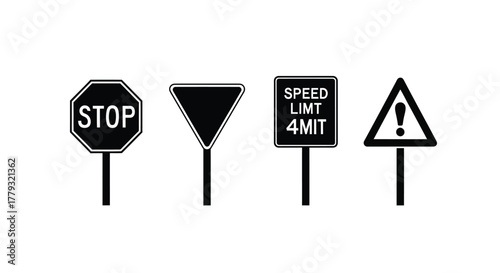 Four different road signs isolated on white background for traffic safety