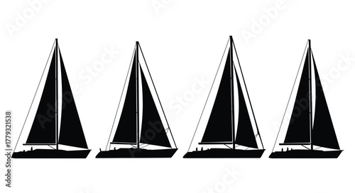 Four black sailboat silhouettes isolated on white background in a row