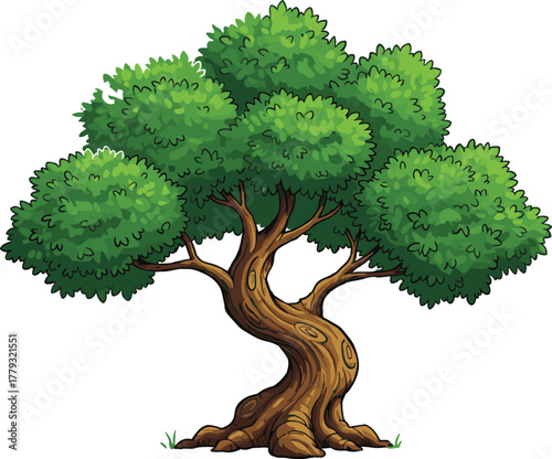 Twisted cartoon tree with green foliage illustration, symbolic growth and expressive nature vitality artwork for design and education