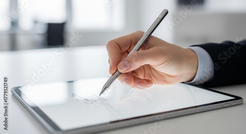 Hand using stylus on digital tablet for electronic signature