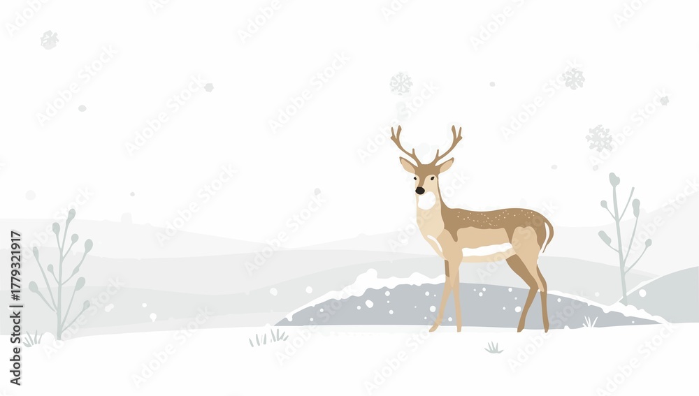 Obraz premium A stylized template featuring a deer standing in a serene snow-covered landscape, designed in a flat design style with clean lines, simple shapes