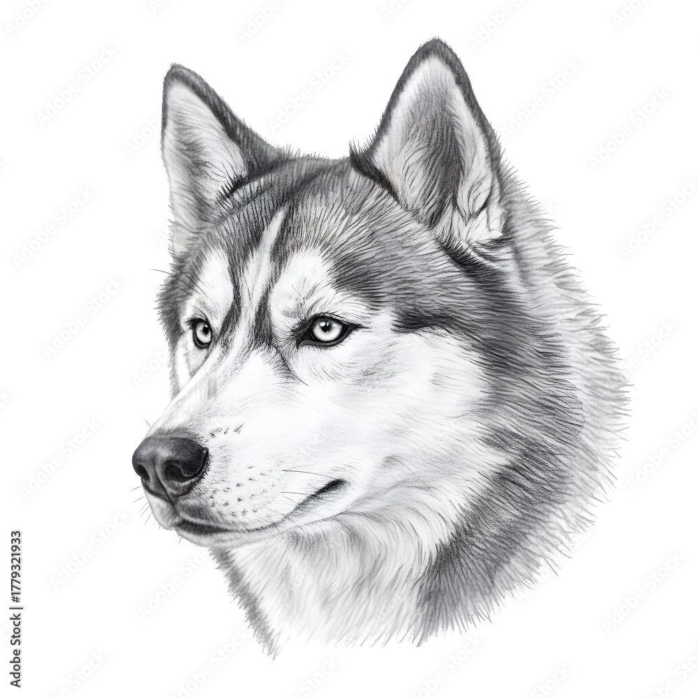 Fototapeta premium Detailed black and white sketch of a siberian husky dog head isolated on transparent background