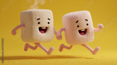 Two cartoon marshmallows, one steamed, running happily on a textured yellow backdrop