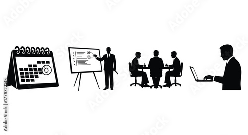 Business meeting and presentation silhouettes isolated on white background