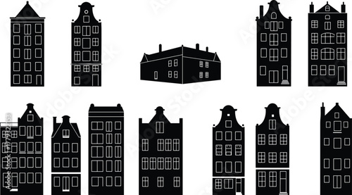 European building silhouettes, Dutch canal houses, black architecture icons, Amsterdam skyline, traditional facades, urban design, travel, tourism, cultural heritage