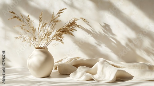 Elegant beige vase with dried wheat stalks beside flowing ivory linen under sunny shadows