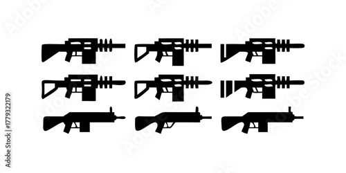 Grid of eight sleek sci‑fi weapons: four blasters above, four patterned rifles below in monochrome.