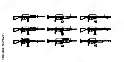Grid of eight sleek sci‑fi weapons: four blasters above, four patterned rifles below in monochrome.